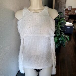 White Fuzzy Sleeveless Top with Pearl Accents